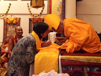 From the FPMT image collection Tenzin Ösel Hita offering to Lama Zopa Rinpoche during long-life puja, Singapore, Mar 2016. Photo: Lobsang Sherab.