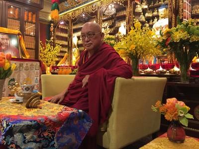 Lama Zopa Rinpoche on the day of his arrival at Cham Tse Ling gompa, Hong Kong, April 2016. Photo: Roger Kunsang.