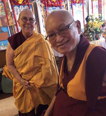 Lama Zopa Rinpoche with Robina Courtin at Kopan Monastery, Nepal, December 2019. Photo: Roger Kunsang.