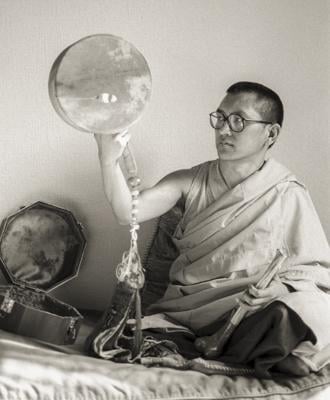 Click to view in our Image Gallery Lama Zopa Rinpoche playing the chöd damaru (drum) at Manjushri London (currently Jamyang Buddhist Centre), 1983. Photo: Robin Bath.