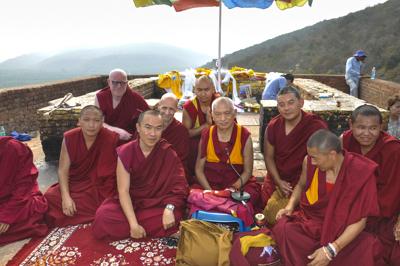 Lama Zopa Rinpoche with Sangha at Vulture's Peak, Rajgir, 12 March 2014. Photo: Thubten Jangchub.