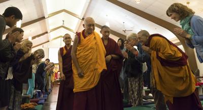 Click to view in our Image Gallery Lama Zopa Rinpoche at Light of the Path retreat in North Carolina, Spring 2014. Photo by Roy Harvey.