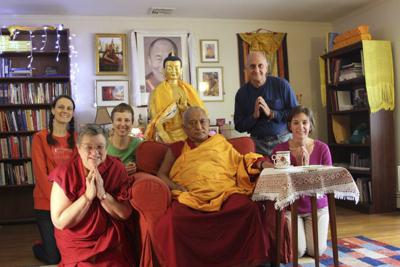 Lama Zopa Rinpoche with staff at LYWA office, Lincoln, MA, October 2012.