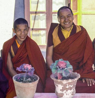 Lama Yeshe with Lama Lhundrup  on the gompa terrace, Kopan Monastery, Nepal, 1982.