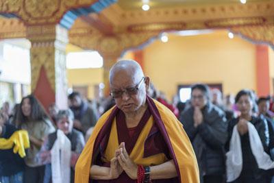 Rinpoche prostrates before teachings at Kopan Monastery, Nepal, November 2019. Photo: Lobsang Sherab.