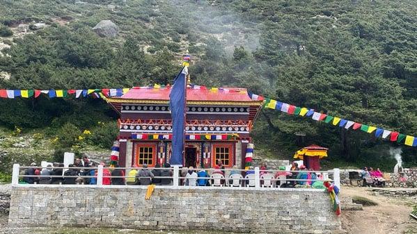 Inauguration of the new prayer wheel in Thame, Solu Khumbu, August 11, 2022. Photo: Ven Thubten Tendar. Courtesy of FPMT.