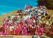 (15843_pr.psd) Lama Yeshe and Lama Zopa Rinpoche in a group photo from the Seventh Meditation Course, Kopan Monastery, Nepal, 1974.