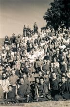 (15888_sl.tif) Lama Yeshe and Lama Zopa Rinpoche in a group photo from the Seventh Meditation Course, Kopan Monastery, Nepal, 1974.