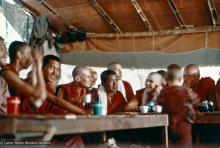 (00623_ud-2.psd) Lama Zopa Rinpoche and new monastics including Mother of Lama Zopa, Ama-la and Wongmo Thubten (Feather Meston) having tea in Bodhgaya, India, 1974.