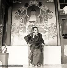 (00961_ud-3.psd) Portrait of Lama Zopa Rinpoche at Tushita Retreat Centre, Dharamsala, India, 1973. In 1972, along with a few of their Western students, Lamas Yeshe and Zopa bought an old colonial house on a hill above McLeod Ganj in Dharamsala, India, and there founded Tushita Retreat Centre.