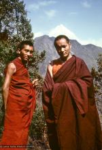 (04379_sl-2.psd) Lama Zopa Rinpoche  and Lama Yeshe near Lawudo Retreat Center, 1970. Photo by Terry Clifford.