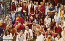 (07023_pr-2.psd) Photo from a course at Tushita Retreat Centre, Dharamsala, India, in June of 1975, taught by Geshe Rabten and translated by Gonsar Tulku. Geshe Rabten is seated and Gonsar Tulku is standing to the right of him. Many of Lama's students are in the group including Ursula Bernis, Steve Malasky (Steve Pearl), Massimo Corona, and Piero Cerri. Photo by Dan Laine.