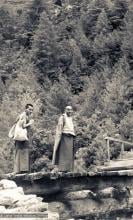 (07631_pr-2.psd) Lama Yeshe and Lama Zopa Rinpoche on the road to Lawudo Retreat Centre, Nepal, 1973. Lama Zopa Rinpoche is on the left in the photo.