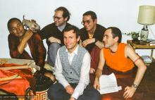 (08133_ng-3.JPG) Lama (the Chihuahua) and Lama Yeshe with Jon Landaw, Harvey Horrocks, Thubten Pende (Jim Dougherty), and George Churinoff, Istituto Lama Tzong Khapa, Pomaia, Italy, 1982.