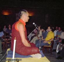 (09305_ng.JPG) Lama Yeshe at a teaching given at Columbia University. In July 1974, the lamas and Mummy Max arrived in New York City to begin the first international teaching tour of Lama Yeshe and Lama Zopa Rinpoche. They stayed at the apartment of Lynda Millspaugh on the Upper West side of Manhattan.