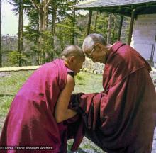 (09327_ng-3.psd) Lama Yeshe and HH Trijang Rinpoche, Tushita Retreat Centre, Dharamsala, India, 1976. In the spring of 1976, HH Trijang Rinpoche gave both novice (getsul) and full gelong ordination vows to a group of Lama Yeshe's students at Tushita Retreat Centre.