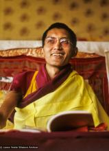 (09754_sl.JPG) Lama Zopa Rinpoche teaching in the tent, Kopan Monastery, Nepal, 1974. For the Seventh Meditation Course a huge Indian wedding tent replaced the dusty burlap-walled tent.