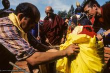 (10037_sl.JPG) Lama Yeshe's body is placed in the cremation stupa. Cremation of Lama Yeshe at Vajrapani Institute, California in March of 1984. Photo by Ricardo de Aratanha.