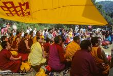 (10066_sl-3.JPG) Cremation of Lama Yeshe, Vajrapani Institute, California, 1984. Photo includes Robina Courtin, Yeshe Khadro (Marie Obst), Thubten Monlam, Bob Alcorn, Roger Wheeler, Max Mathews, Geshe Thinley, Nick Ribush, Geshe Sopa, Geshe Gyeltsen, and Lama Zopa Rinpoche. Ricardo de Aratanha (photographer)