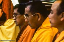 (10104_sl.JPG) Lama Zopa Rinpoche, Geshe Sopa, and Geshe Lobsang Gyatso at the cremation of Lama Yeshe at Vajrapani Institute, California in March of 1984. Photo by Ricardo de Aratanha.