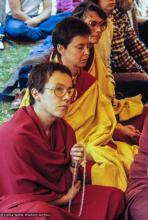 (10115_sl.JPG) Cremation of Lama Yeshe at Vajrapani Institute, California in March of 1984. Photo includes Robina Courtin, Yeshe Khadro (Marie Obst), and Anila Ann. Photo by Ricardo de Aratanha.