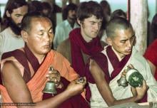 (15917_ng.psd) Lama Yeshe and Lama Zopa Rinpoche doing puja, 1975. From the collection of images of Lama Yeshe, Lama Zopa Rinpoche and the Sangha during a month-long course at Chenrezig Institute, Australia.