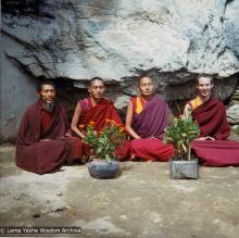 (12031_pr-3.psd) At the Lawudo Lama's cave, Nepal, 1972. From the left to right: unknown monk, Lama Zopa, Lama Yeshe, Jhampa Zangpo (Mark Shaneman).