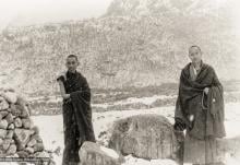 (12035_pr-3.psd) Lama Zopa Rinpoche (left) and Lama Yeshe at Thangme. Photo from the first trek to Lawudo Retreat Center in Nepal, spring of 1969. Lawudo was the hermitage of the Lawudo Lama, the former incarnation of Lama Zopa Rinpoche. Photos by George Luneau.