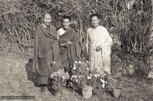 Portrait photo of Geshe Thubten Tashi, Lama Zopa Rinpoche and Lama Yeshe taken at Kopan Monastery at the end of the first meditation course, Nepal, 1971. Photo by Fred von Allmen.