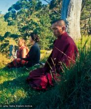 (13330_pr-2.psd) Lama Yeshe, Beatrice Ribush, and Lama Zopa Rinpoche in meditation. On Saka Dawa (the celebration of Buddha's birth, enlightenment, and death), Lama Yeshe asked everyone to come outside after a Guru Puja for a meditation on the hill behind the gompa. Chenrezig Institute, Australia, May 25, 1975. Photo by Wendy Finster.