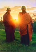 (15124_pr.psd) Lama Zopa Rinpoche and Lama Yeshe at dawn, Chenrezig Institute, Australia, 1975. Photo by Nick Ribush, taken on Saka Dawa at Chenrezig Institute, Australia, 1975. Restoration by David Zinn. Archival portrait available through Heart of the Moon Media (www.heartofthemoon.com).