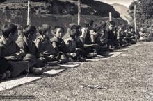 (15157_ng.psd) Mount Everest Centre students having lunch at Kopan Monastery, Nepal, 1972.