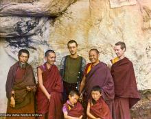 (15174_pr.psd) At the Lawudo Lama's cave, Nepal, 1972. From the left to right: unknown monk, Lama Zopa, Massimo Corona, Lama Yeshe, Jhampa Zangpo, with two new Mount Everest Centre novice monks.