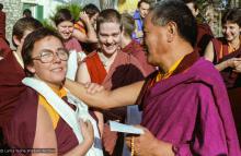 (15245_ng.tif) Lama with Robina Courtin, as Connie Miller looks on. Lama Yeshe addressing western monks and nuns at Istituto Lama Tsongkhapa, Italy, 1983. Photos donated by Merry Colony.