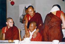 (15483_pr.psd) Lama Yeshe and Ama-la (Mother of Lama Zopa Rinpoche) after her ordination, Bodhgaya, India, 1974. Chris Kolb (Ngawang Chotak) is at the left.