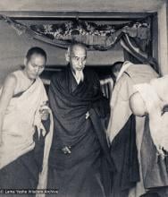 (15485_pr.psd) In April of 1974, H. H. Zong Rinpoche, a senior lama and teacher for Lama Yeshe, visited Kopan Monastery, Nepal, in time to give teachings during the last week of the Sixth Meditation Course. Photo includes Lama Yeshe on the left.