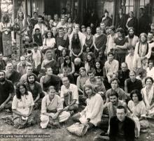 (15567_pr-2.psd) Photo from a course at Tushita Retreat Centre, Dharamsala, India, in June of 1975, taught by Geshe Rabten and translated by Gonsar Tulku. Geshe Rabten is seated and Gonsar Tulku is standing to the right of him. Many of Lama's students are in the group including Ursula Bernis, Steve Malasky (Steve Pearl), Massimo Corona, and Piero Cerri. Photo by Dan Laine.