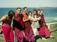 (15852_ng.tif) Group photo by the ocean, Maroochydore, Australia, 1974. The lamas took a day off during the Diamond Valley course to go to the beach in Tom Vichta's van. Everyone got out to enjoy the view from the cliffs, but Lama Yeshe ran straight down to the water's edge, hitched up his robes, and waded in, splashing about with delight.