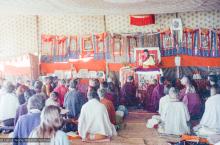 (15856_ng.tif) Lama Zopa Rinpoche teaching in the tent, Kopan Monastery, Nepal, 1974. For the Seventh Meditation Course a huge Indian wedding tent replaced the dusty burlap-walled tent.