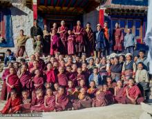 (15881_sl.tif) Lama Yeshe with the Mount Everest Center students at Lawudo Retreat Center, Nepal, October, 1973. Wim, the Dutch artist who painted murals at Tushita is standing in back row, a tall fellow with glasses a bit to the right of Lama Yeshe. Also in that row is Jampa Chökyi (Helly, Jamyang Wangmo) who is at the left, next to Rinpoche's sister Ngawang Samten.