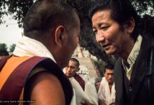 (15899_sl.tif) Lama Yeshe with Jampa Trinley, 1975. Kelsang Puntsog Rinpoche, the son of Lama Yeshe's old friend Jampa Trinley, was later recognized to be the reincarnation of Geshe Ngawang Gendun, one of Lama's teachers. In January 1975 he was enthroned at Kopan Monastery, Nepal, after which he became known to all as Yangsi Rinpoche.