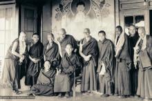 (15904_ud.tif) Ordination group, Tushita, 1975. From left to right: Bonnie Rothenberg, Geshe Jampa Wangdu, unknown monk, John Feuille, Dieter Kratzer, unknown monk, Jampa Konchog (Yogi), Bruno LeGuevel, and Jeffery Webster in the back row, with Lama Yeshe in front (seated)and Lati Rinpoche (seated in chair). On the morning of March 12th with Lati Rinpoche presiding, five new monks and one nun were ordained into the International Mahayana Institute. Tushita Retreat Centre, Dharamsala, India, 1975