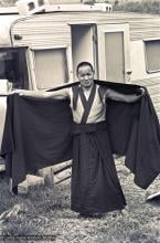 (15920_ng.psd) Lama Yeshe  adjusts his robe  during the month-long course at Chenrezig Institute, Australia, 1975.