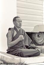 (15950_ng.psd) Portrait of Lama Yeshe, 1975. With the idea of commissioning a statue of Lama Yeshe, Mummy Max (Max Matthews) arranged for a series of shots taken just of his head from every angle, as well as photos of Lama in meditation posture. Photo taken on Saka Dawa (the celebration of Buddha's birth, enlightenment, and death) at Chenrezig Institute, Australia, 1975. Photo donated by Wendy Finster.