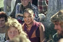 (15968_ng.psd) Lama Yeshe with the students, 1975. On Saka Dawa (the celebration of Buddha's birth, enlightenment, and death), Lama Yeshe asked everyone to come outside after a Guru Puja for a meditation on the hill behind the gompa. Chenrezig Institute, Australia, May 25, 1975. Photo by Wendy Finster.