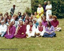 (16001_pr.psd) Retreat group, Indiana, 1975. In 1975, the lamas returned to Louie-Bob Wood's Bodhicitta Center in Brown County, Indiana, for a two-week course.