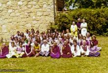 (16002_pr.psd) Retreat group, Indiana, 1975. In 1975, the lamas returned to Louie-Bob Wood's Bodhicitta Center in Brown County, Indiana, for a two-week course.