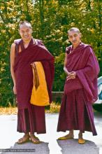 (16003_pr.psd) Lama Yeshe with Lama Zopa Rinpoche, Indiana, 1975. In 1975, the lamas returned to Louie-Bob Wood's Bodhicitta Center in Brown County, Indiana, for a two-week course.