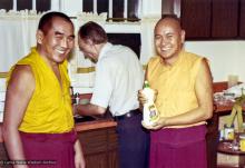 (16004_pr.psd) Geshe Sopa and Lama Yeshe, 1975. Between them doing dishes is Elvin Jones. The lamas spent a month in Madison, Wisconsin with Geshe Sopa, receiving teachings from him on the The Great Treatise on the Stages of the Path to Enlightenment (Lam-Rim Chenmo). Photo by George Propps.