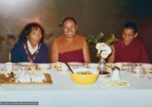 (16006_pr.psd) Geshe Gyeltsen (on the left) and the lamas at lunch, England, 23rd of Sept., 1975. The lamas invited an old friend from Buxa to lunch at the mill cottage. Geshe Tsultim Gyeltsen was now married and worked as a male nurse in a psychiatric hospital. Few realized that this quiet man with long hair was a Lharampa geshe.